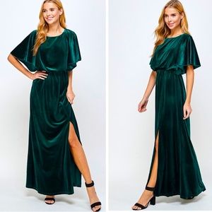 Green Velvet Caped Flutter Sleeve Formal Maxi Dress